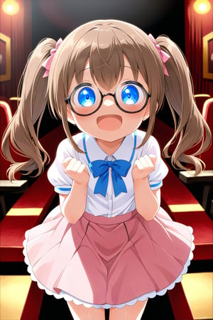 loli, brown hair, happy_face, front_view, twin_tails, blue_eyes, theather, white shirt, pink skirt, black glasses, lolling