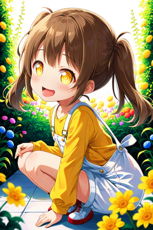 loli hypnotized, happy_face, yellow eyes, brown hair, side_view, twin_tails, flowers garden, yellow shirt, white overalls, crouched, sticking_out_tongue