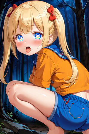 loli, cum face, sideview, twin tails, yellow hair, night forest, scout , orange shirt, blue shorts, looking_at_viewer, heart_shaped_pupils, sticking_out_tongue, squatting