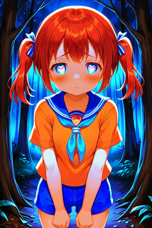 loli, sad face, front view, twin tails, red hair, night forest, scout , orange shirt, blue shorts, looking_at_viewer, heart_shaped_pupils, 