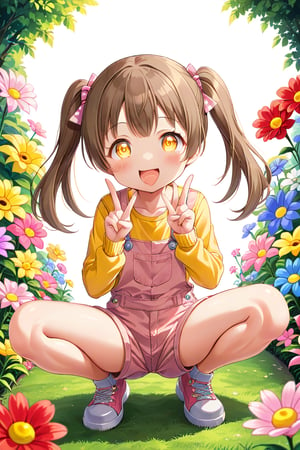 loli hypnotized, happy_face, yellow eyes, brown hair, front_view, twin_tails, flowers garden, yellow shirt, pink overalls, squatting, peace fingers, sticking_out_tongue