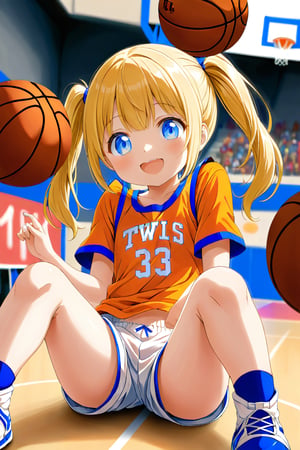 loli, happy_face, yellow hair, down_view, twin_tails, blue_eyes, basketball, orange shirt, white shorts, sitting_down