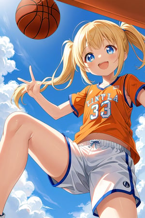 loli, happy_face, yellow hair, down_view, twin_tails, blue_eyes, basketball, orange shirt, white shorts, 