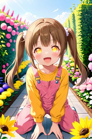 loli hypnotized, happy_face, yellow eyes, brown hair, front_view, twin_tails, flowers garden, yellow shirt, pink overalls, crouched, peace fingers, sticking_out_tongue