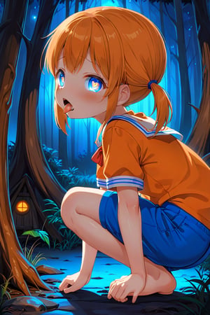 loli, cum face, sideview, twin tails, orange hair, night forest, scout , orange shirt, blue shorts, looking_at_viewer, heart_shaped_pupils, sticking_out_tongue, squatting