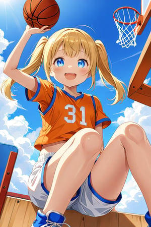 loli, happy_face, yellow hair, down_view, twin_tails, blue_eyes, basketball, orange shirt, white shorts, sitting_down