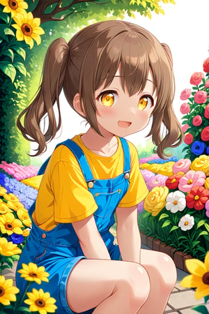 loli hypnotized, happy_face, yellow eyes, brown hair, side_view, twin_tails, flowers garden, yellow shirt, blue overalls, sitting
