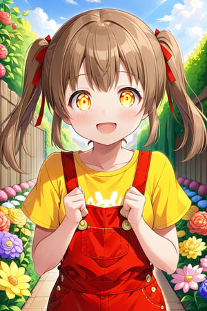 loli hypnotized, happy_face, yellow eyes, brown hair, front_view, twin_tails, flowers garden, yellow shirt, red overalls, 