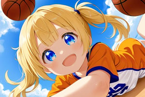 loli, happy_face, yellow hair, down_view, twin_tails, blue_eyes, basketball, orange shirt, white shorts, lying