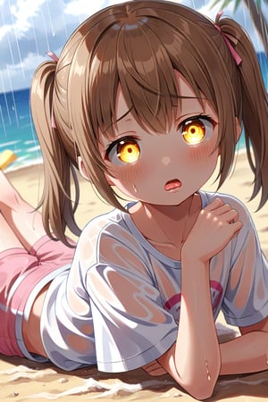loli hypnotized, sad_face, yellow eyes, brown hair, side_view, twin_tails, rain beach, white shirt, pink short pants, lying, sticking_out_tongue