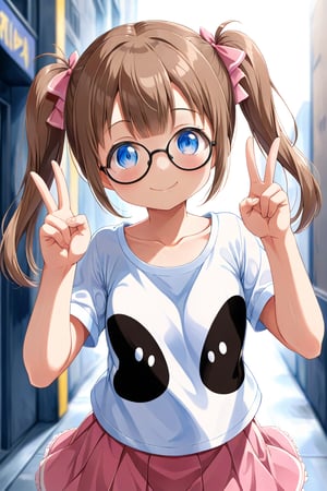 loli, brown hair, happy_face, front_view, twin_tails, blue_eyes, movie, white shirt, pink skirt, black glasses, peace_gesture