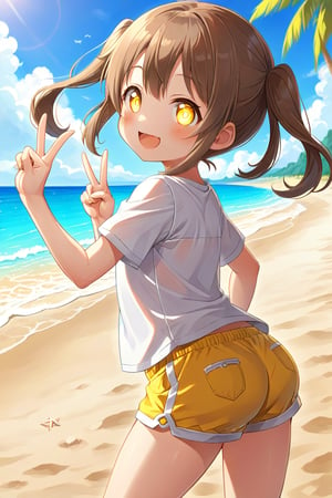 loli hypnotized, happy_face, yellow eyes, brown hair, side_view, twin_tails, beach, white shirt, yellow short pants, peace fingers
