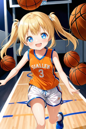 loli, happy_face, yellow hair, front_view, twin_tails, blue_eyes, basketball, orange shirt, white shorts, 