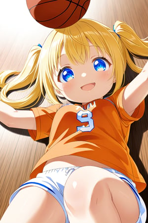 loli, happy_face, yellow hair, down_view, twin_tails, blue_eyes, basketball, orange shirt, white shorts, lying