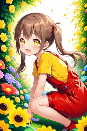 loli hypnotized, happy_face, yellow eyes, brown hair, side_view, twin_tails, flowers garden, yellow shirt, red overalls, crouched