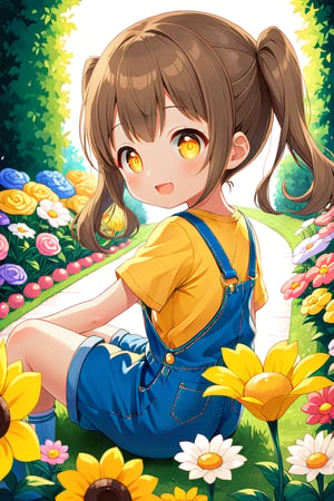 loli hypnotized, happy_face, yellow eyes, brown hair, side_view, twin_tails, flowers garden, yellow shirt, blue overalls, sitting