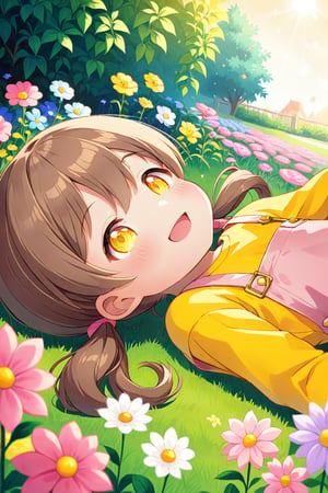 loli hypnotized, happy_face, yellow eyes, brown hair, side_view, twin_tails, flowers garden, yellow shirt, pink overalls, lying