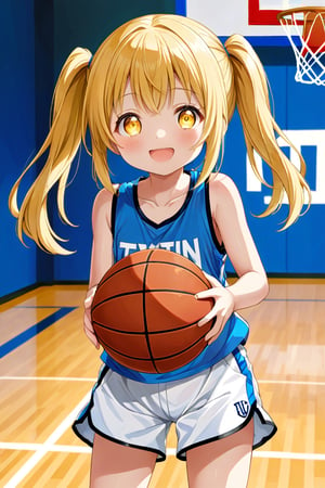 loli, happy_face, yellow hair, front_view, twin_tails, yellow_eyes, basketball, blue shirt, white shorts, 