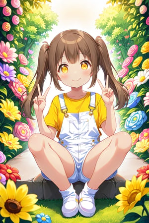 loli hypnotized, happy_face, yellow eyes, brown hair, front_view, twin_tails, flowers garden, yellow shirt, white overalls, sitting, peace fingers
