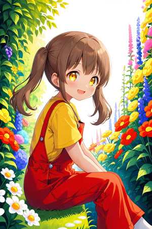 loli hypnotized, happy_face, yellow eyes, brown hair, side_view, twin_tails, flowers garden, yellow shirt, red overalls, sitting