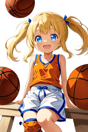 loli, happy_face, yellow hair, down_view, twin_tails, blue_eyes, basketball, orange shirt, white shorts, sitting_down