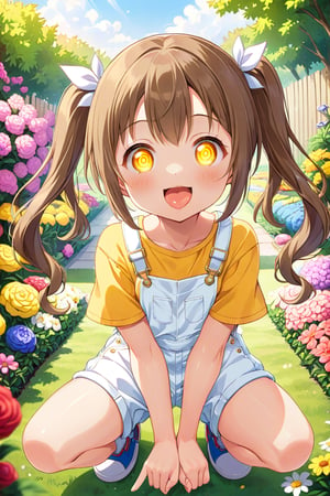 loli hypnotized, happy_face, yellow eyes, brown hair, front_view, twin_tails, flowers garden, yellow shirt, white overalls, crouched, peace fingers, sticking_out_tongue