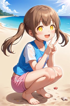 loli hypnotized, happy_face, yellow eyes, brown hair, side_view, twin_tails, beach, white shirt, pink short pants, squatting, peace fingers
