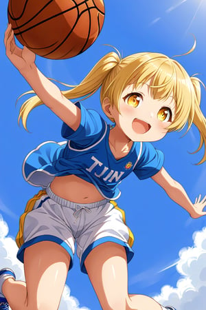 loli, happy_face, yellow hair, down_view, twin_tails, yellow_eyes, basketball, blue shirt, white shorts, jumping