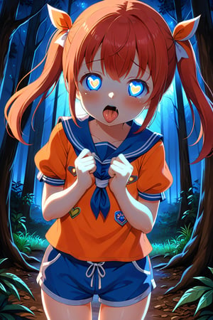 loli, cum face, front view, twin tails, red hair, night forest, scout , orange shirt, blue shorts, looking_at_viewer, heart_shaped_pupils, sticking_out_tongue