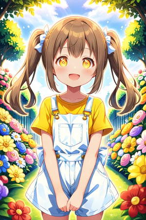 loli hypnotized, happy_face, yellow eyes, brown hair, front_view, twin_tails, flowers garden, yellow shirt, white overalls, 