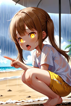 loli hypnotized, sad_face, yellow eyes, brown hair, side_view, twin_tails, rain beach, white shirt, yellow short pants, squatting, sticking_out_tongue, peace fingers