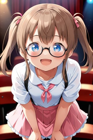 loli, brown hair, happy_face, front_view, twin_tails, blue_eyes, theather, white shirt, pink skirt, black glasses, doggy_style