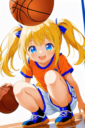 loli, happy_face, yellow hair, down_view, twin_tails, blue_eyes, basketball, orange shirt, white shorts, squatting