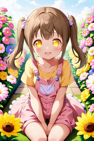 loli hypnotized, happy_face, yellow eyes, brown hair, front_view, twin_tails, flowers garden, yellow shirt, pink overalls, sitting