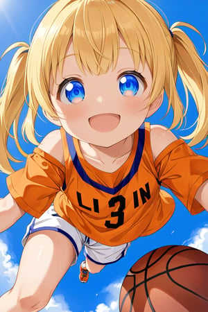 loli, happy_face, yellow hair, down_view, twin_tails, blue_eyes, basketball, orange shirt, white shorts, 