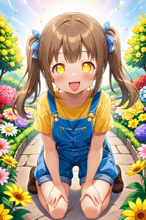 loli hypnotized, happy_face, yellow eyes, brown hair, front_view, twin_tails, flowers garden, yellow shirt, blue overalls, crouched, peace fingers, sticking_out_tongue