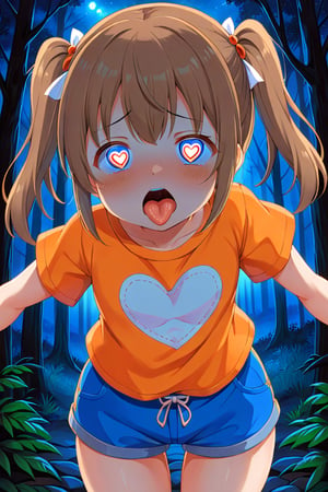 loli, ahegao face, front view, twin tails, brown hair, night forest, scout , orange shirt, blue shorts, looking_at_viewer, heart_shaped_pupils, sticking_out_tongue