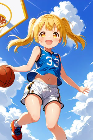 loli, happy_face, yellow hair, down_view, twin_tails, yellow_eyes, basketball, blue shirt, white shorts, jumping