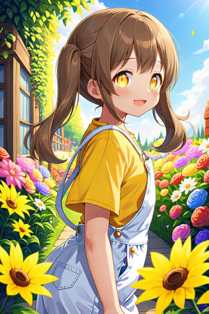 loli hypnotized, happy_face, yellow eyes, brown hair, side_view, twin_tails, flowers garden, yellow shirt, white overalls, 