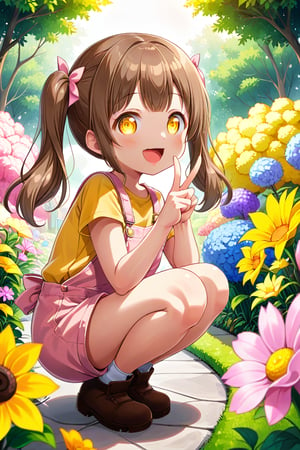 loli hypnotized, happy_face, yellow eyes, brown hair, side_view, twin_tails, flowers garden, yellow shirt, pink overalls, squatting, peace fingers, sticking_out_tongue