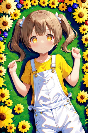 loli hypnotized, happy_face, yellow eyes, brown hair, front_view, twin_tails, flowers garden, yellow shirt, white overalls, lying