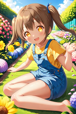 loli hypnotized, happy_face, yellow eyes, brown hair, side_view, twin_tails, flowers garden, yellow shirt, blue overalls, lying