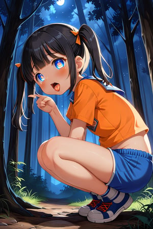 loli, cum face, sideview, twin tails, black hair, night forest, scout , orange shirt, blue shorts, looking_at_viewer, heart_shaped_pupils, sticking_out_tongue, squatting