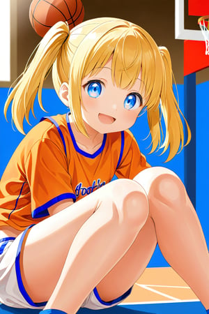 loli, happy_face, yellow hair, down_view, twin_tails, blue_eyes, basketball, orange shirt, white shorts, sitting_down