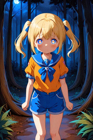 loli, sad face, front view, twin tails, yellow hair, night forest, scout , orange shirt, blue shorts, looking_at_viewer, heart_shaped_pupils, 