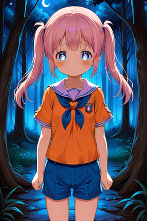 loli, sad face, front view, twin tails, pink hair, night forest, scout , orange shirt, blue shorts, looking_at_viewer, heart_shaped_pupils, 