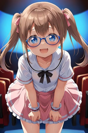 loli, brown hair, happy_face, front_view, twin_tails, blue_eyes, theather, white shirt, pink skirt, black glasses, doggy_style