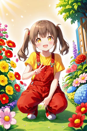 loli hypnotized, happy_face, yellow eyes, brown hair, side_view, twin_tails, flowers garden, yellow shirt, red overalls, crouched, peace fingers