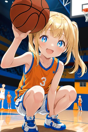 loli, happy_face, yellow hair, down_view, twin_tails, blue_eyes, basketball, orange shirt, white shorts, squatting