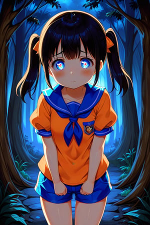 loli, sad face, front view, twin tails, black hair, night forest, scout , orange shirt, blue shorts, looking_at_viewer, heart_shaped_pupils, 